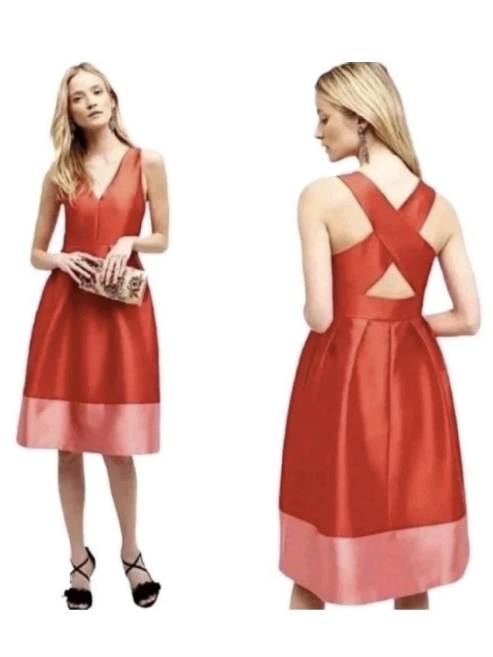 Anthropologie Maeve Satin Party Dress Roseblock Red Pink Cocktail Size 6 NEW